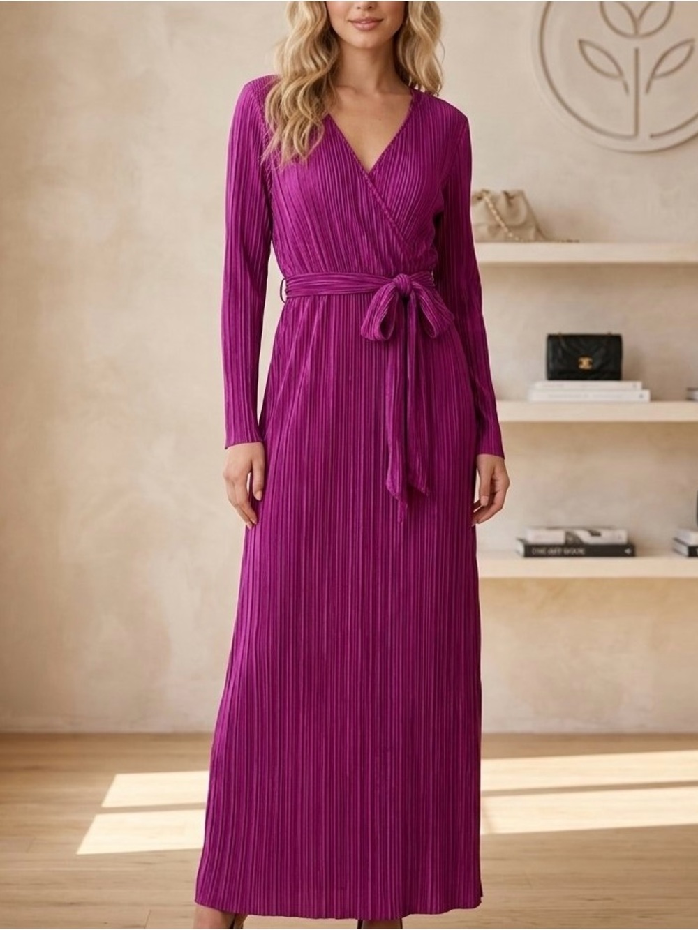 Boston Proper Plisse Wrap Maxi Dress Hollyhock Purple Magenta Size S NWT